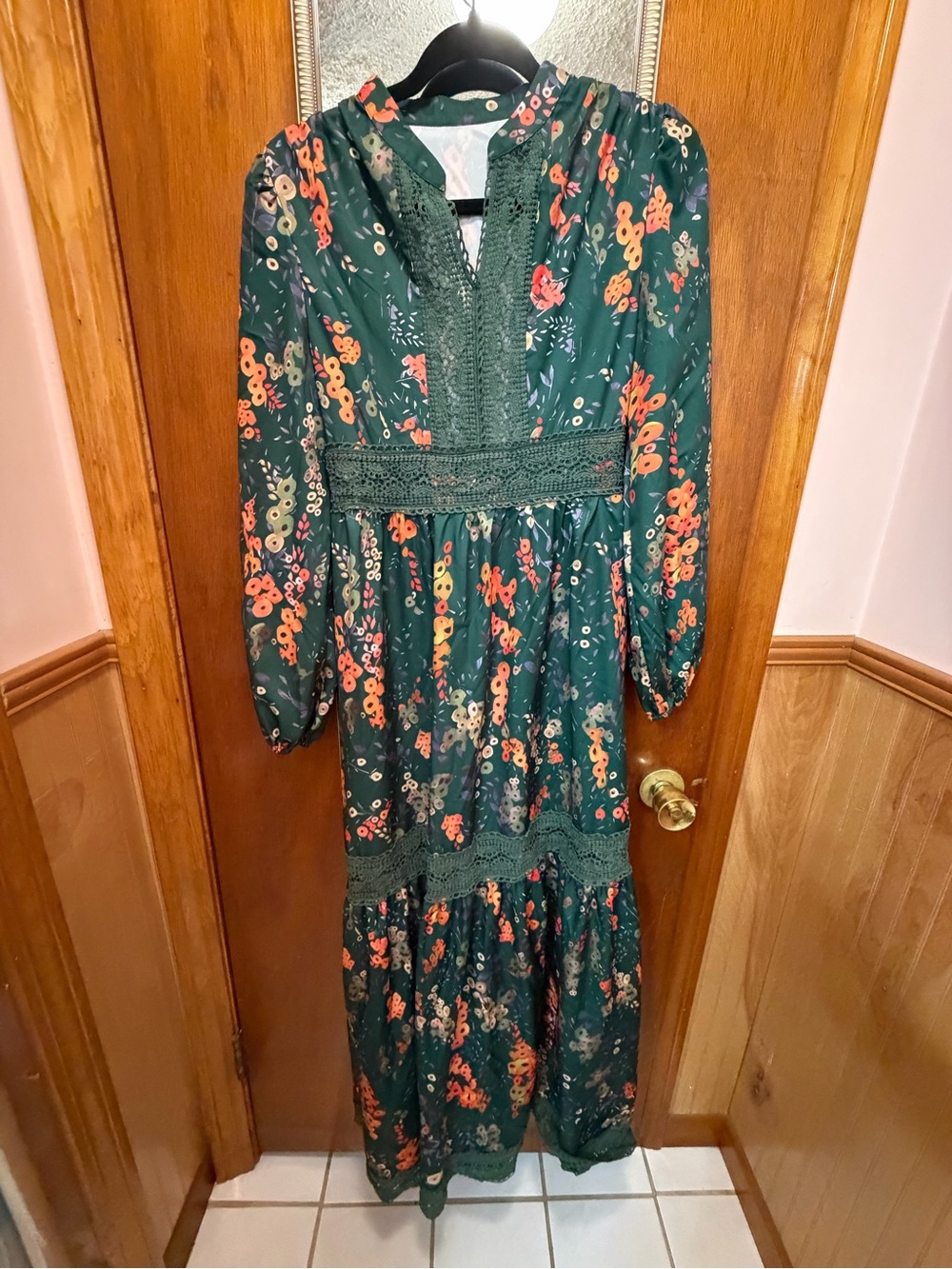 SHEIN Dark Green Floral Lace-Trim Maxi Dress